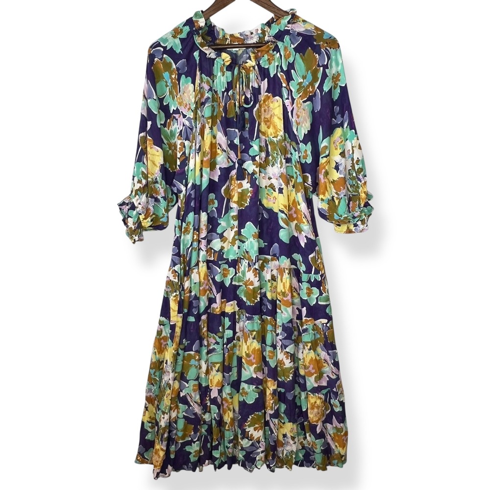 Easel Los Angeles M Dress Floral Tier Ruffle Neck Tassel Tie Rayon‎ Boho Cottage